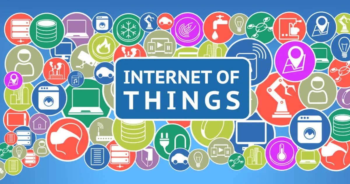 Flat vector banner reading Internet of Things, surrounded by coloured circular icons for connected devices including appliances, vehicles, sensors, laptops, servers and location pins
