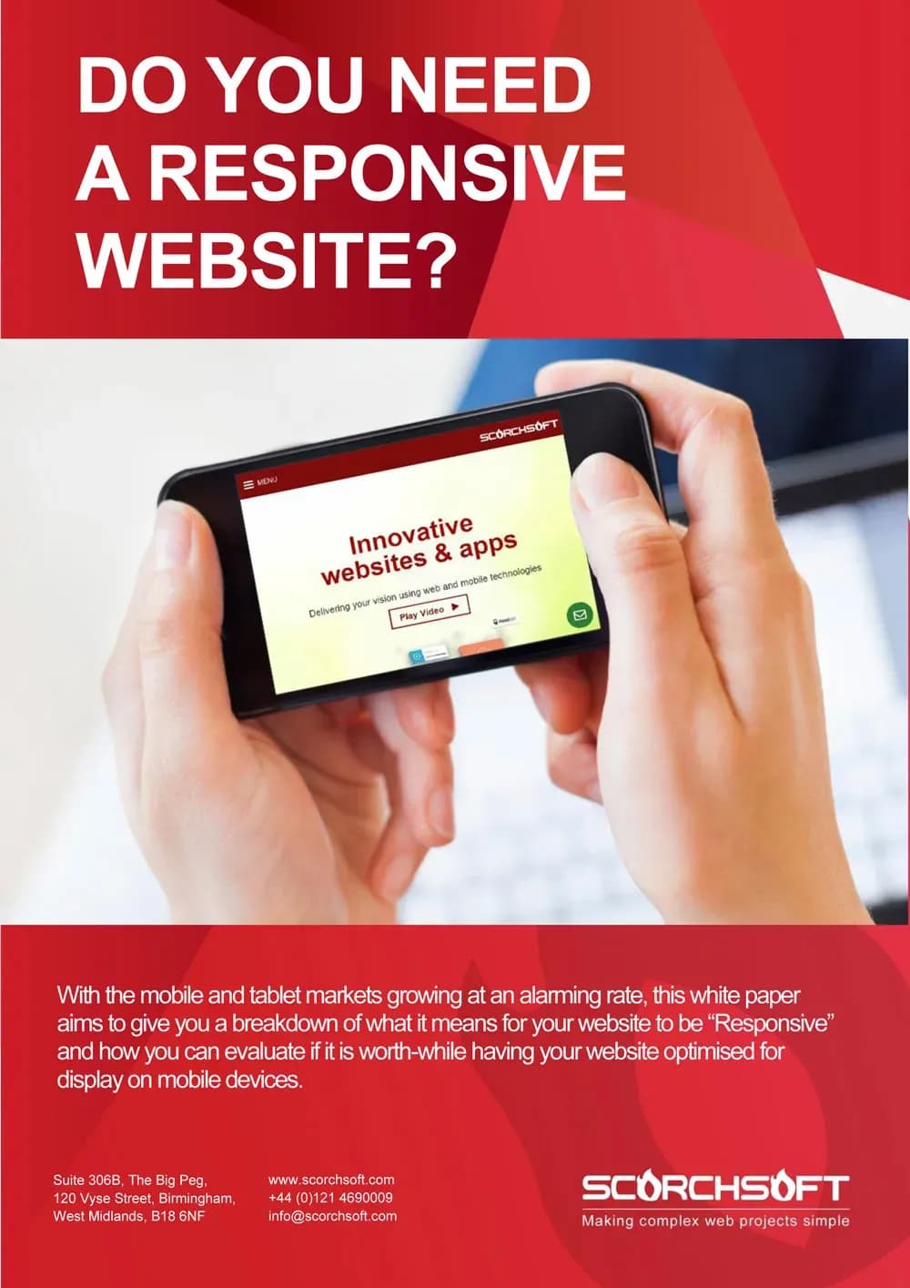 Cover of the Scorchsoft eGuide "Do you need a responsive website?", showing a smartphone held in landscape displaying a Scorchsoft web page