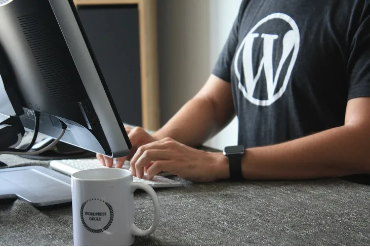 Person wearing a shirt with the wordpress logo, editing his wordpress website on his computer Person wearing a shirt with the wordpress logo, editing his wordpress website on his computer