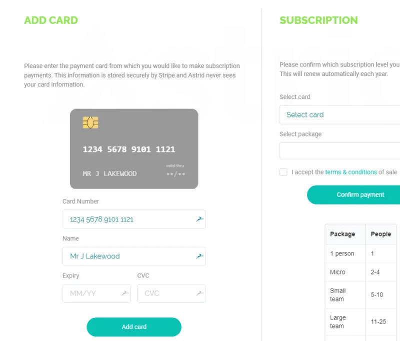 card input screen with payment package management card input screen with payment package management