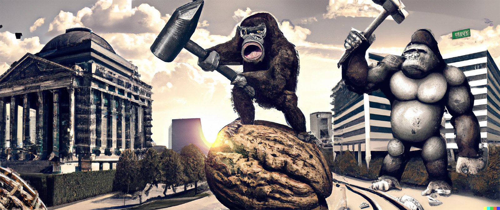 gorillas with big hammers cracking a walnut