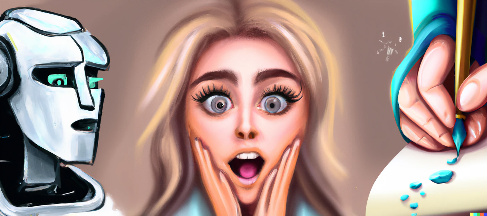 shocked female face with a computer on one side and writing on the other