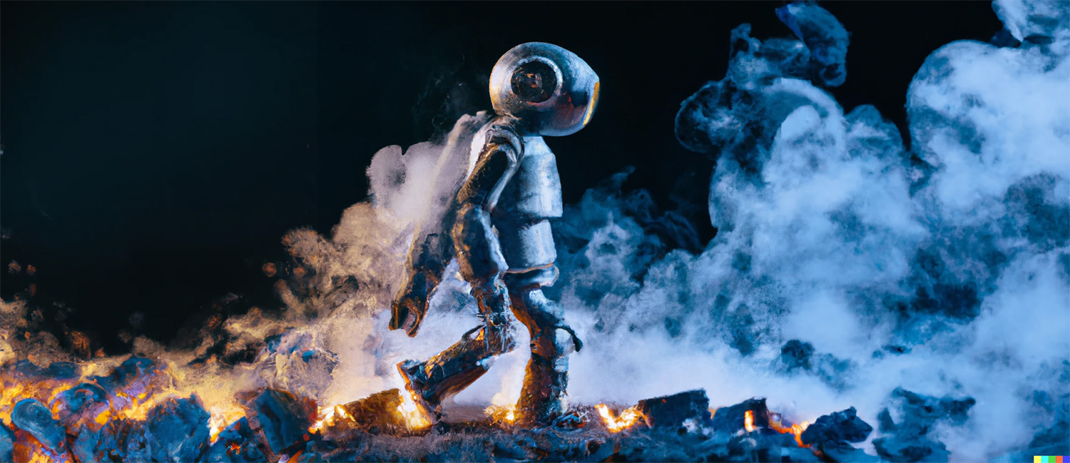 Robot walking on hot coals in a scifi style