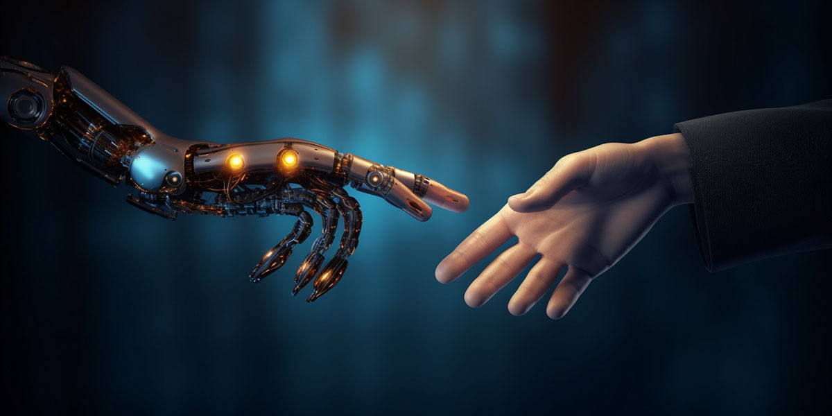 a robot hand and human hand touching