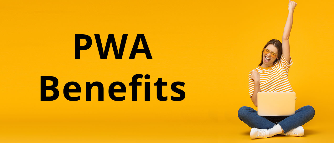 PWA benefits - lady fist bumping the air on a yellow background