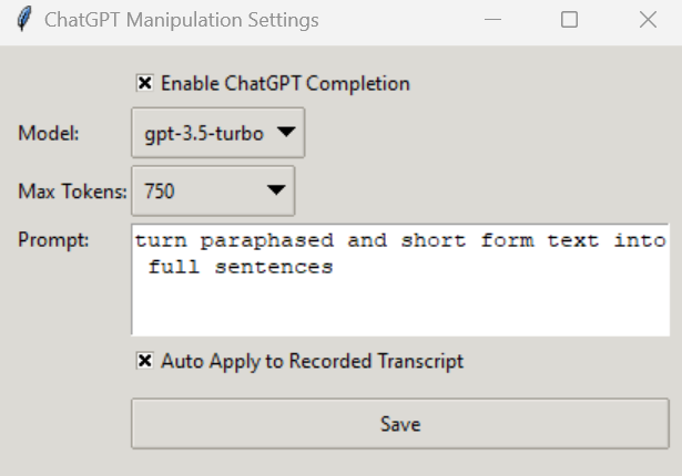 v1.0.5 screenshot of chatgpt manipulation settings