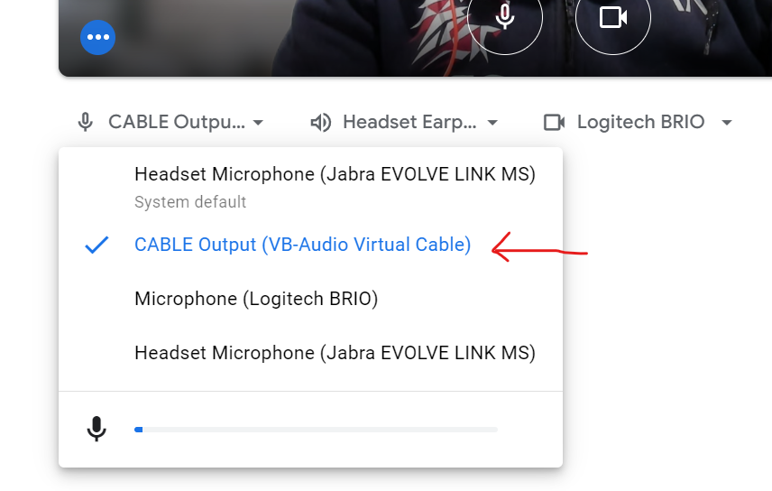 example virtual mic selection in google meet