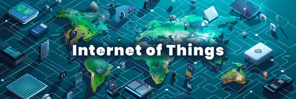 internconnected internet of things devices all over the world in an animated style