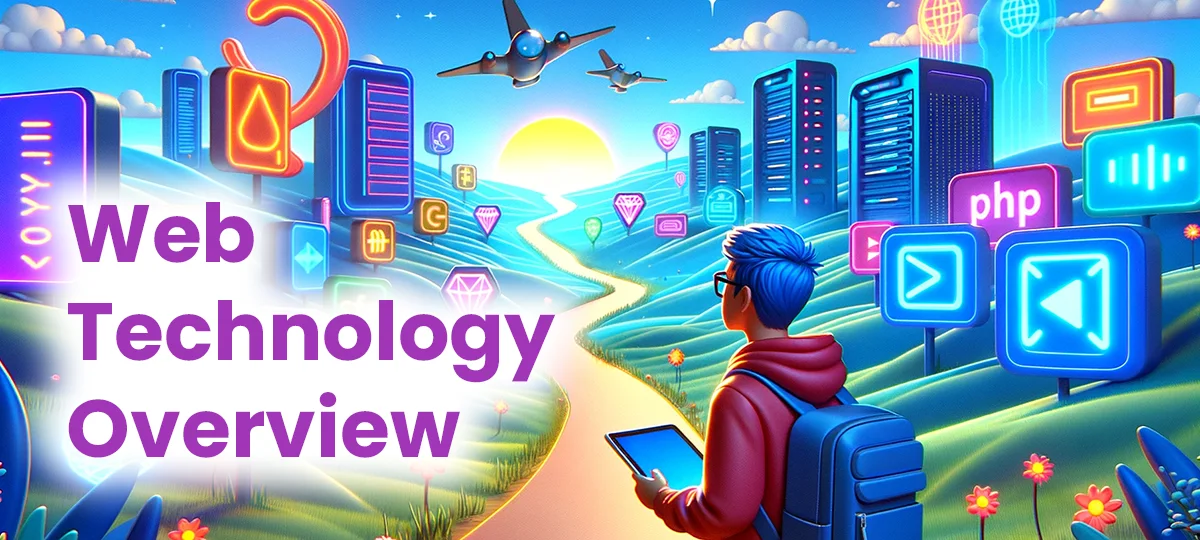 Web technologies overview - person looking into a scene with web and app technologies positioned all over the place