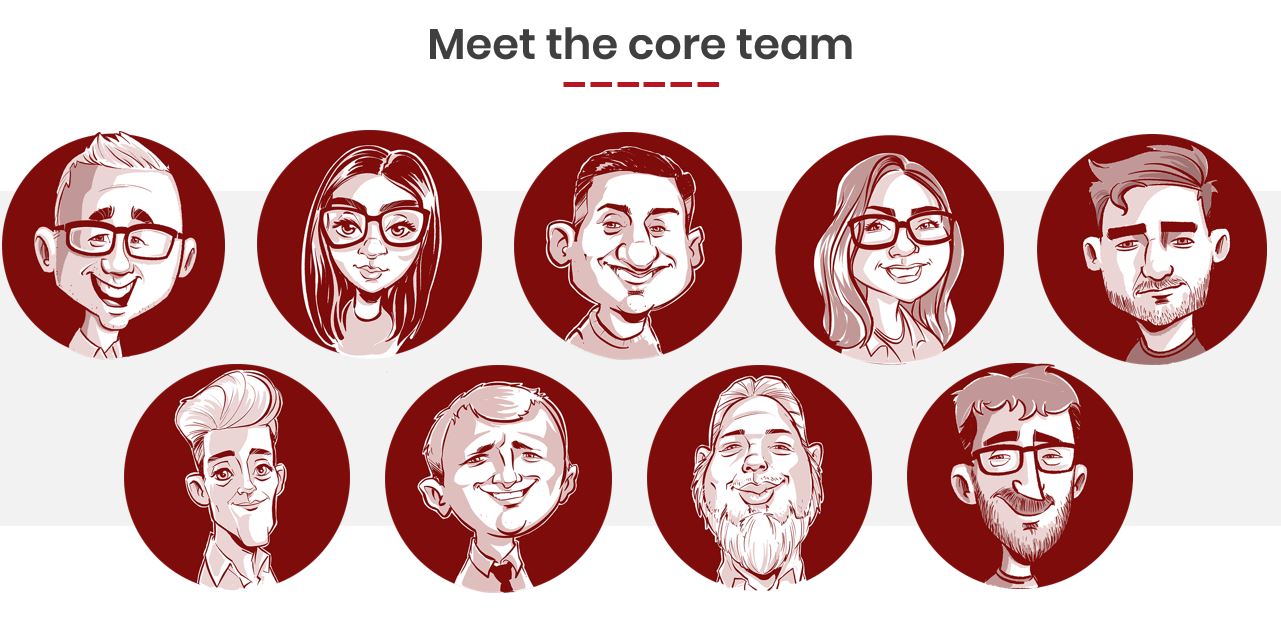 Cartoon images of most of the Scorchsoft team as of June 2020